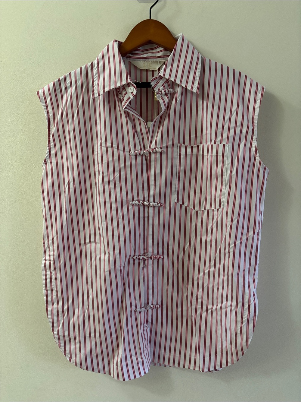 Sleeveless Red and White Striped Button-Front Blouse